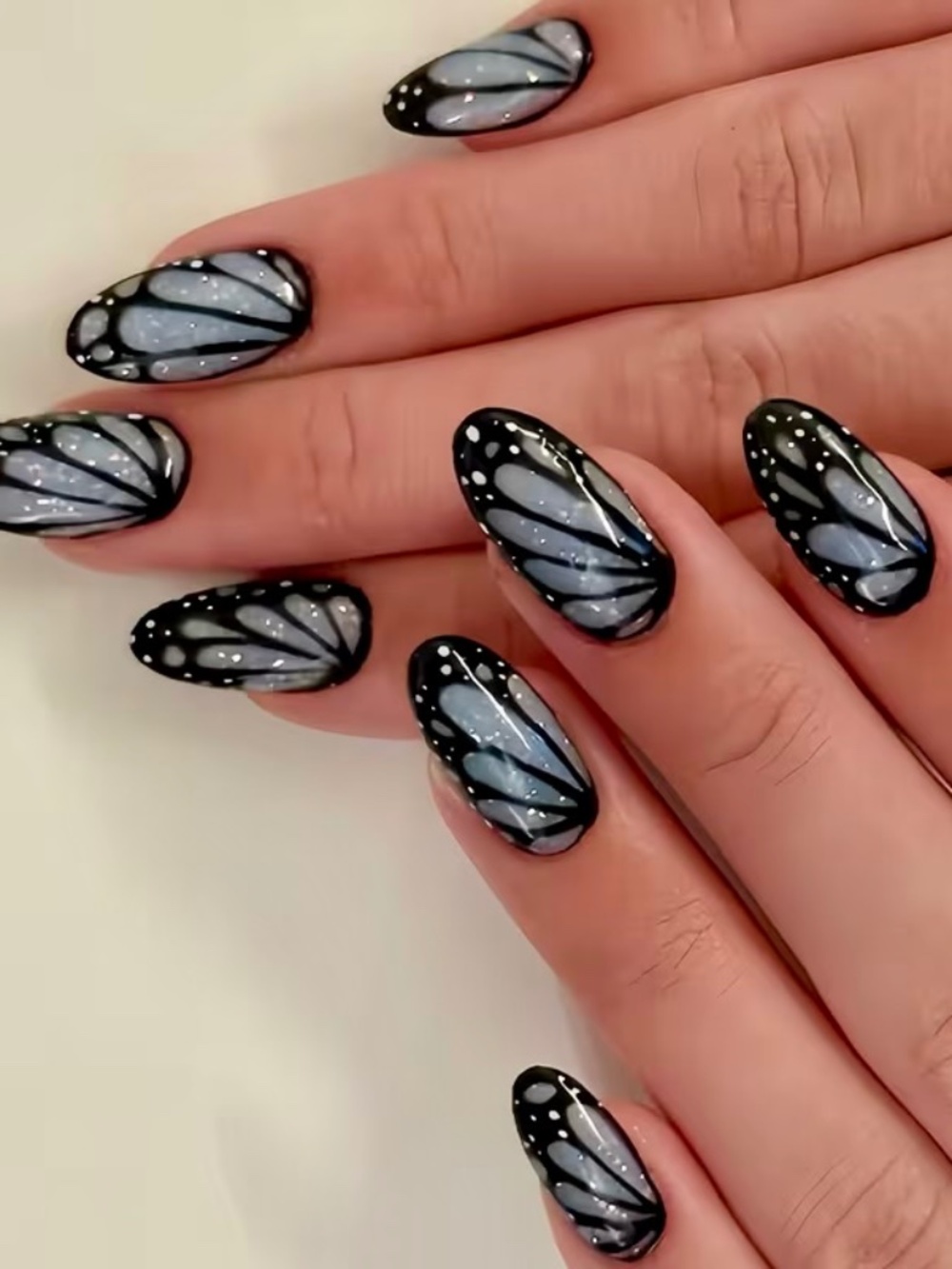 Medium Butterfly Wing Press On Nails | Black Silver Blue Nail Set